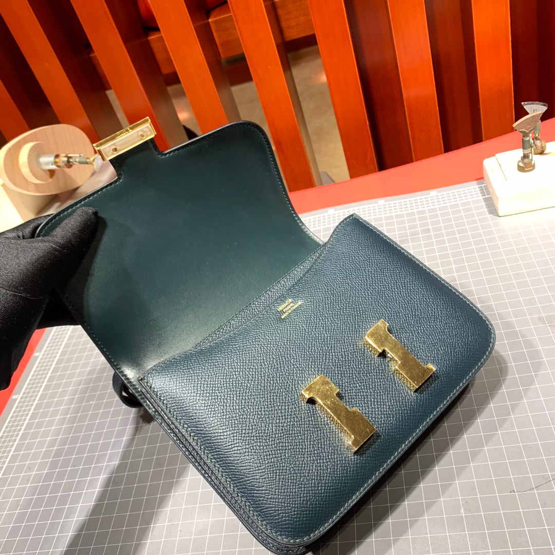爱马仕康斯坦包 Hermes Constance19CM 6O松柏绿原厂掌纹牛皮空姐包 金扣