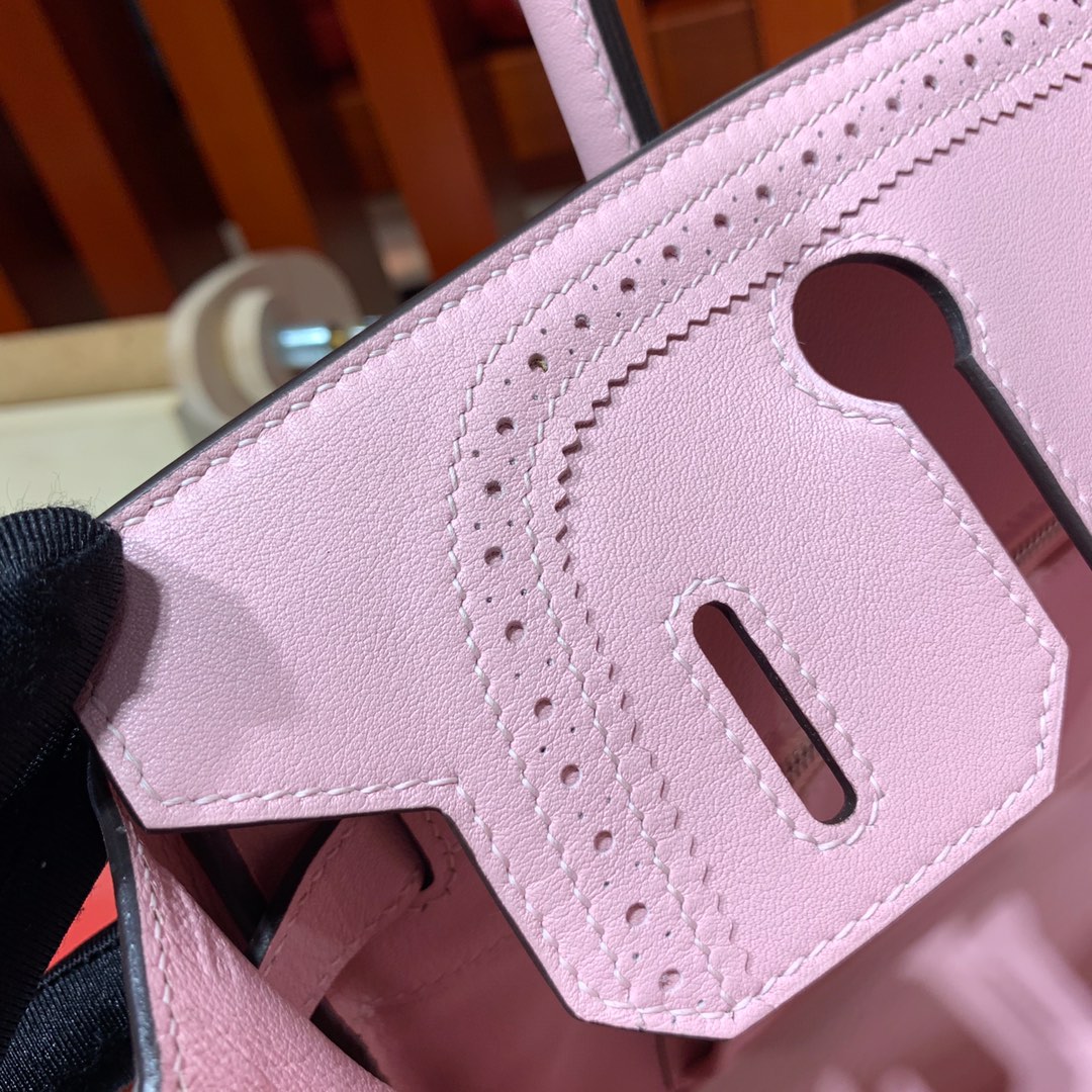 爱马仕铂金包价格 Hermes Birkin30CM 3Q粉色牛皮拼帆布蕾丝铂金包 银扣