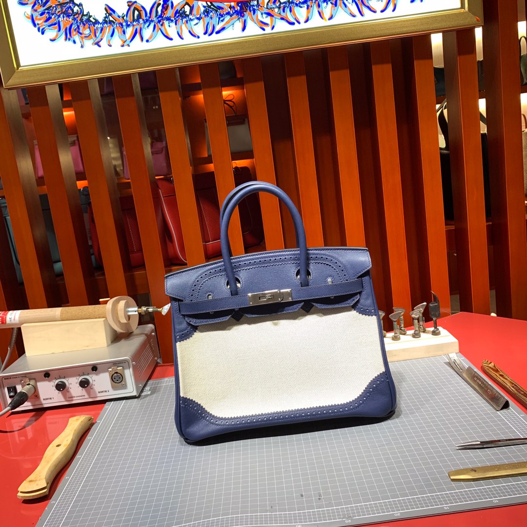 爱马仕拼色铂金包蕾丝款 Hermes Birkin30CM 宝石蓝Swit牛皮拼帆布 银扣