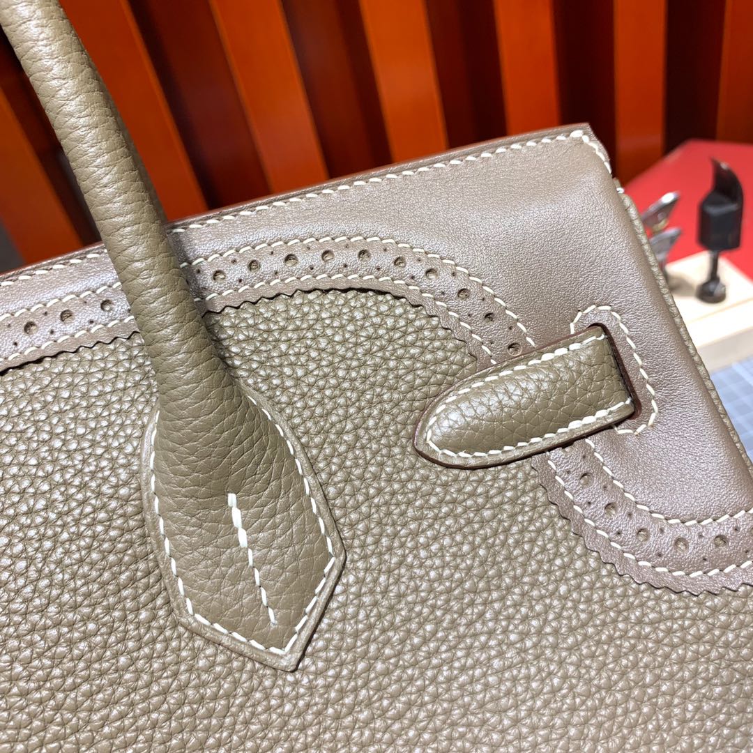 手工缝制 Hermes爱马仕限量款蕾丝铂金包Birkin30cm 大象灰Togo牛皮 金扣