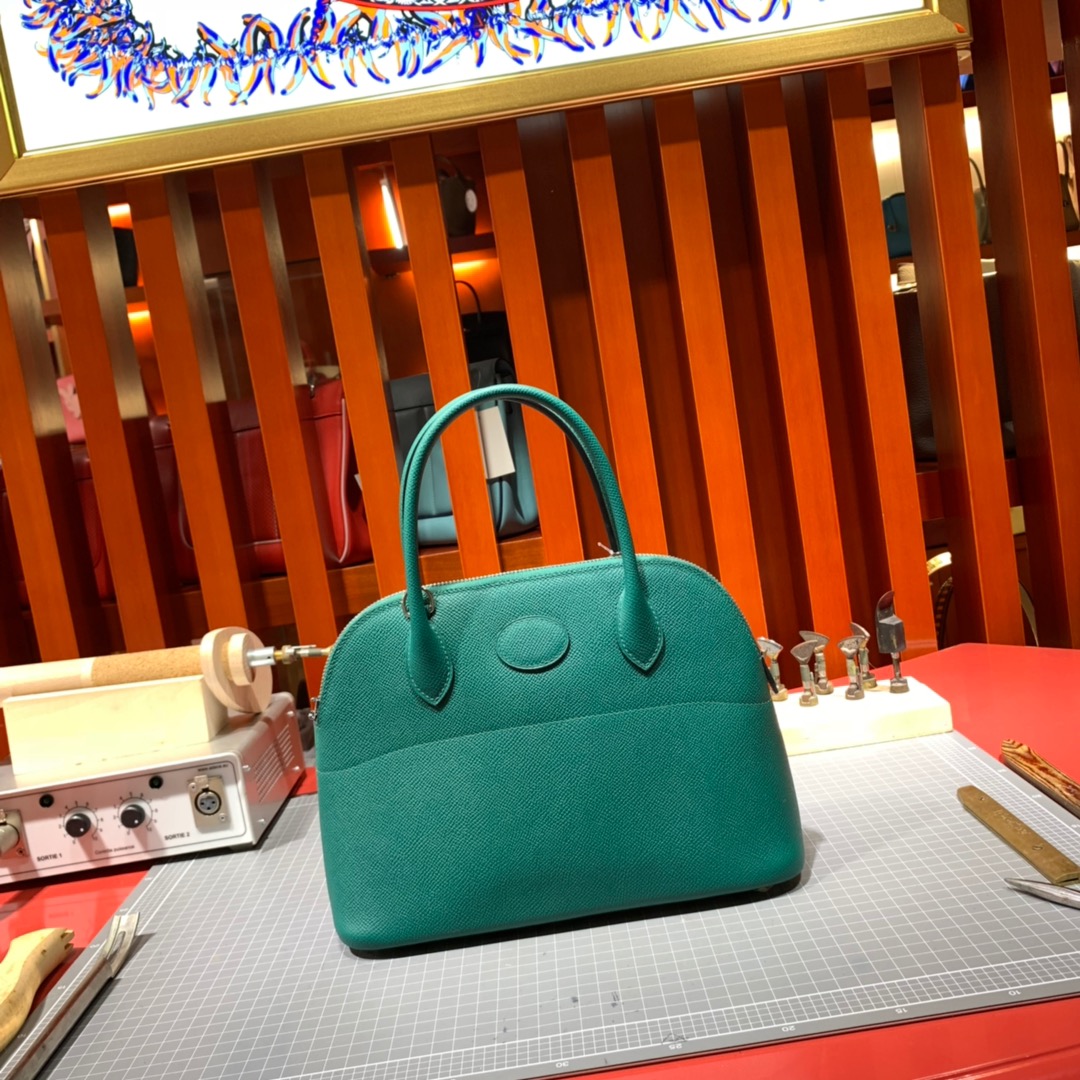 Hermes Bolide27CM 爱马仕孔雀绿进口掌纹牛皮保龄球包手提女包 银扣