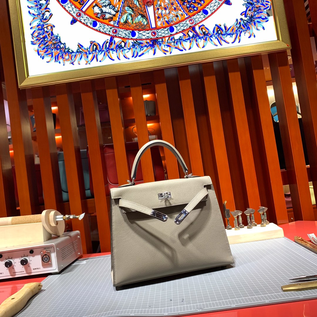 爱马仕经典女包 Hermes Kelly25CM 沥青灰进口十字纹牛皮凯莉包 银扣
