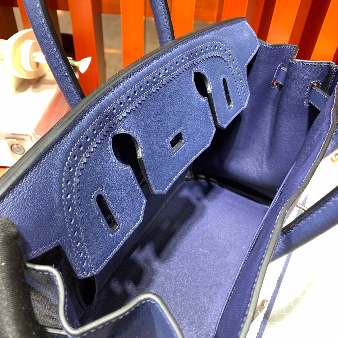 爱马仕拼色铂金包蕾丝款 Hermes Birkin30CM 宝石蓝Swit牛皮拼帆布 银扣