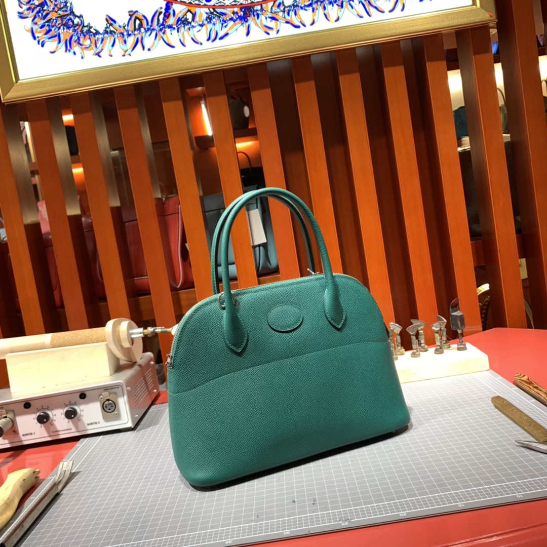 Hermes Bolide27CM 爱马仕孔雀绿进口掌纹牛皮保龄球包手提女包 银扣