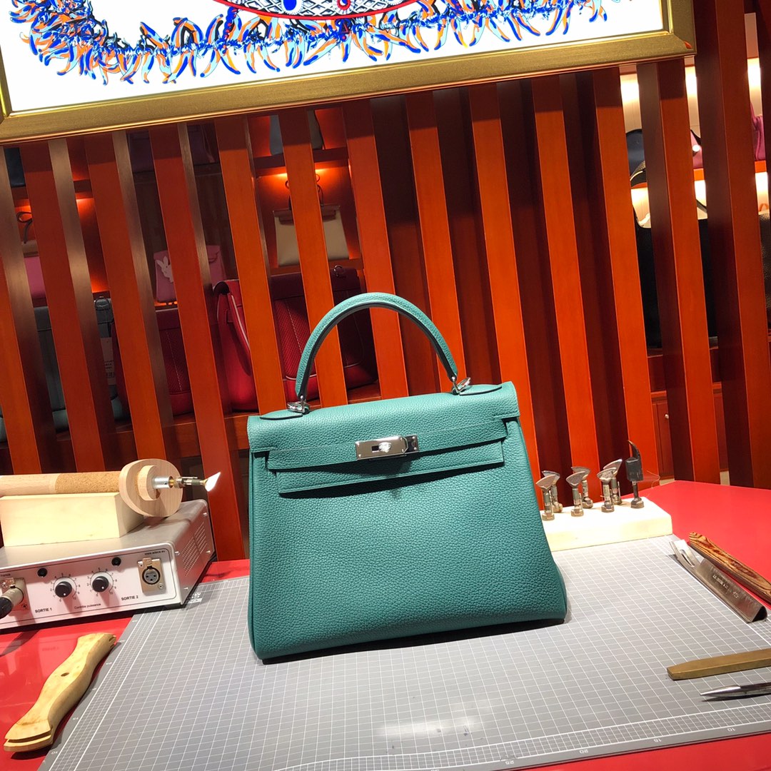 爱马仕经典女包 Hermes Kelly28CM 进口Togo牛皮孔雀绿凯莉包 银扣