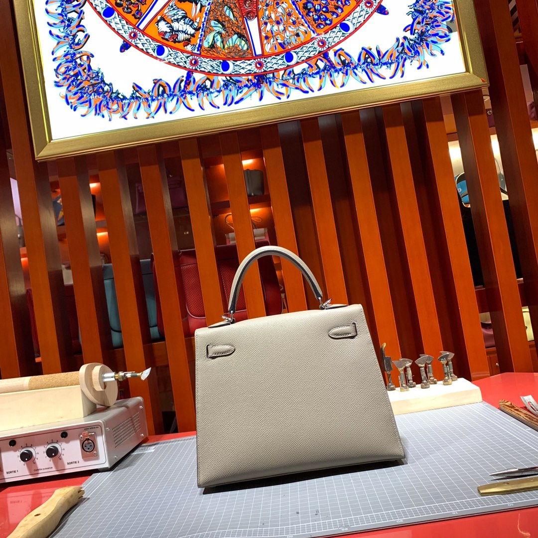 爱马仕经典女包 Hermes Kelly25CM 沥青灰进口十字纹牛皮凯莉包 银扣