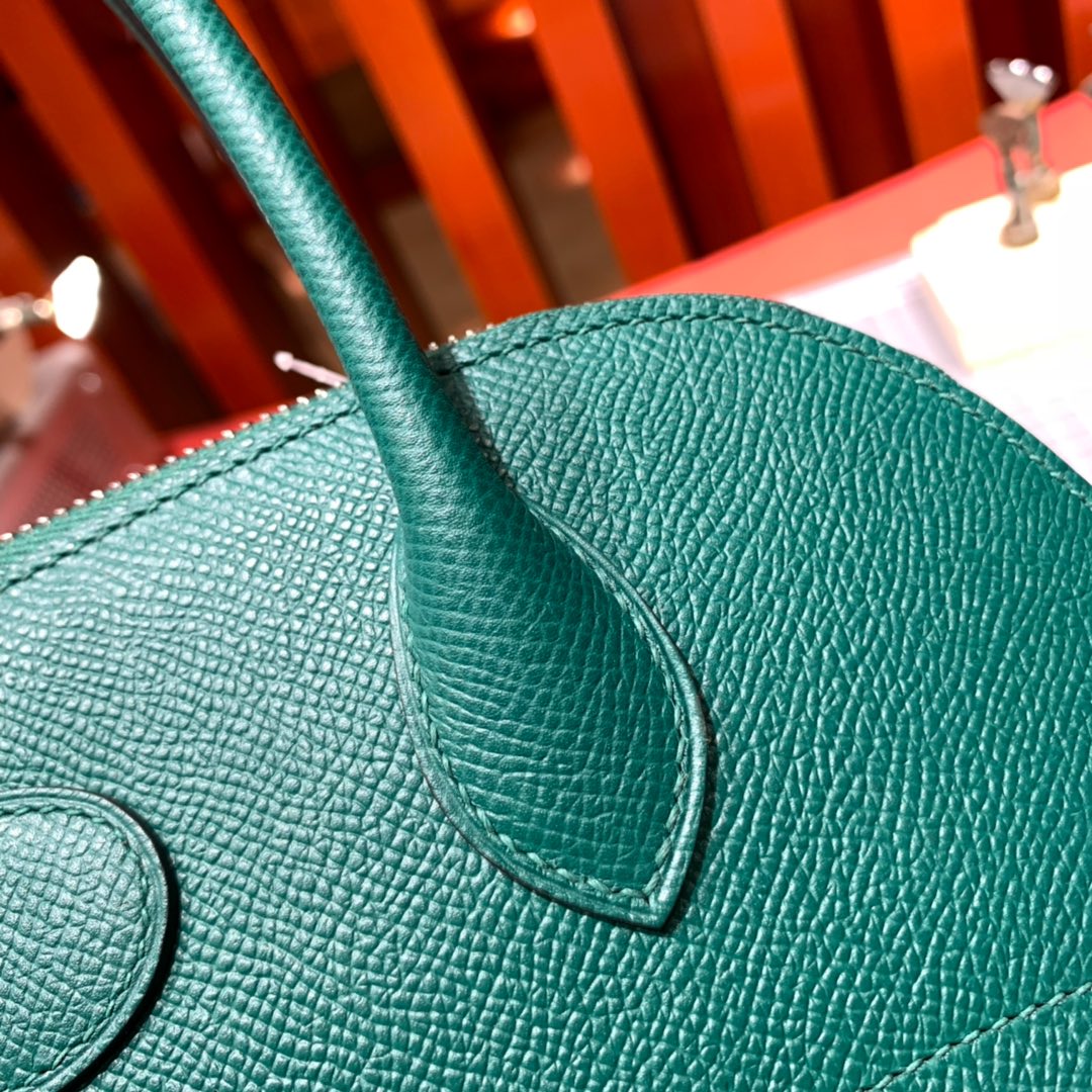 Hermes Bolide27CM 爱马仕孔雀绿进口掌纹牛皮保龄球包手提女包 银扣