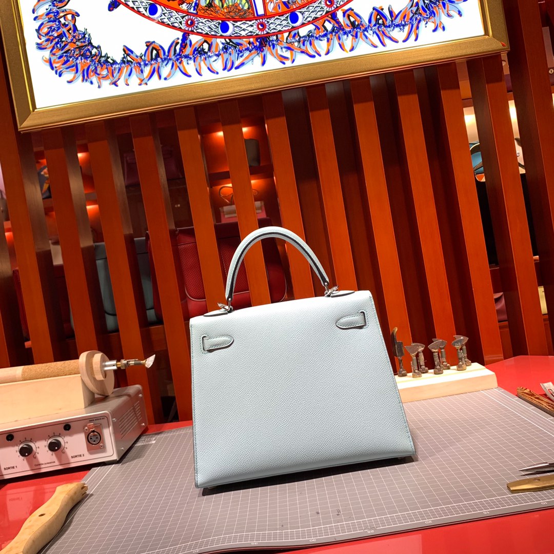 爱马仕凯莉包尺寸 Hermes Kelly25CM 马卡龙蓝进口手掌纹牛皮凯莉包 银扣