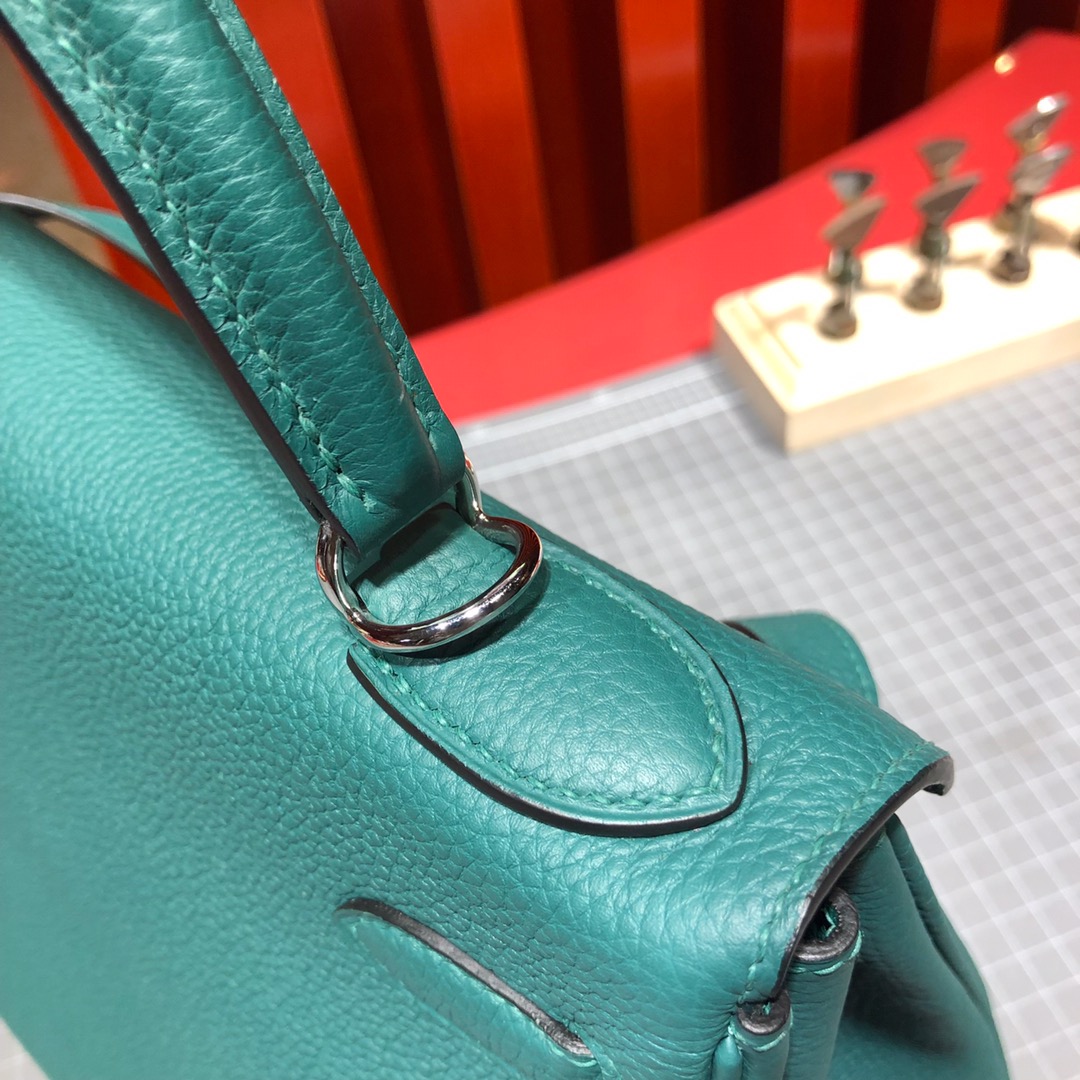 爱马仕经典女包 Hermes Kelly28CM 进口Togo牛皮孔雀绿凯莉包 银扣