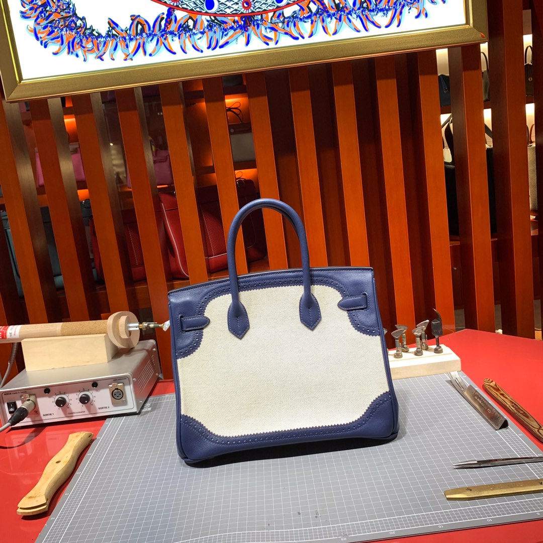 爱马仕拼色铂金包蕾丝款 Hermes Birkin30CM 宝石蓝Swit牛皮拼帆布 银扣