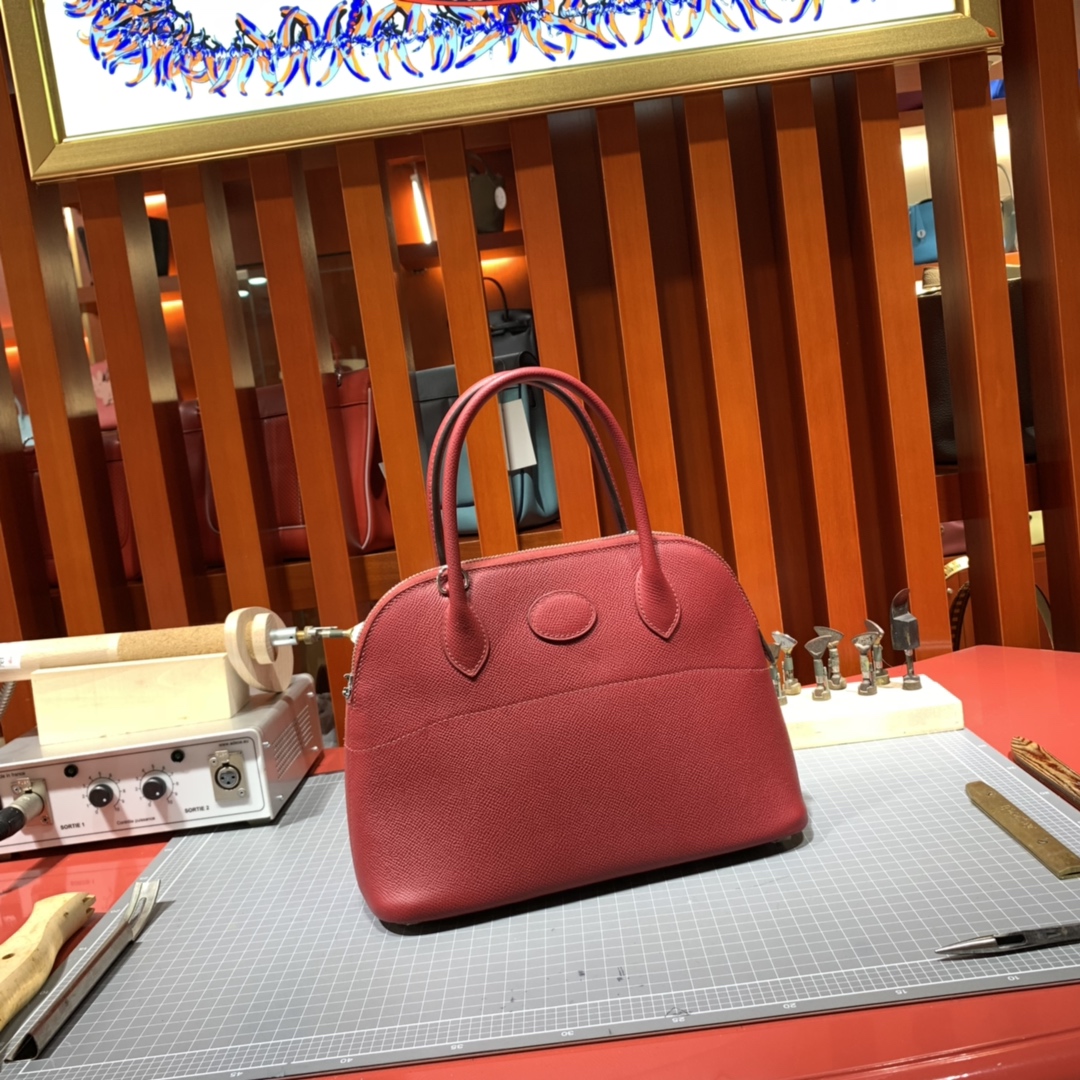 Hermes Bolide27CM 爱马仕原厂Epsom牛皮保龄球包手提女包 石榴红