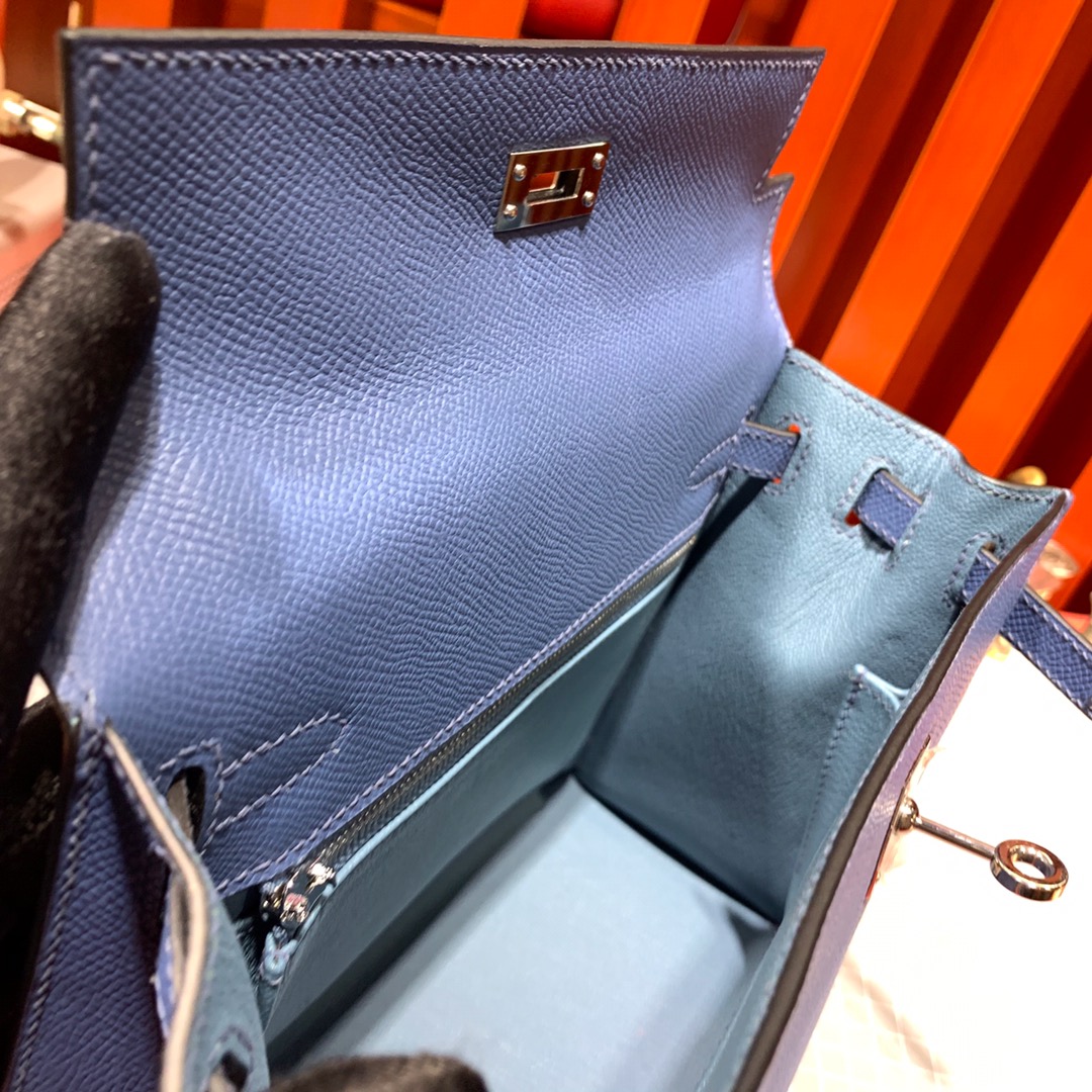 Hermes Kelly25CM 爱马仕顶级手掌纹牛皮凯莉包 玛瑙蓝 银扣