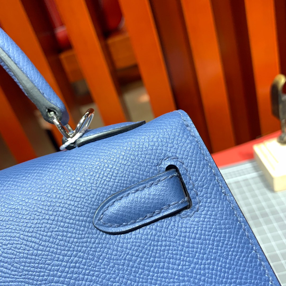 Hermes Kelly25CM 爱马仕顶级手掌纹牛皮凯莉包 玛瑙蓝 银扣