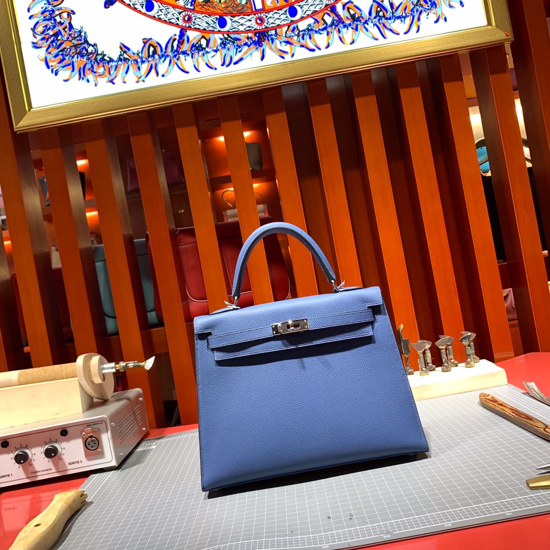 Hermes Kelly25CM 爱马仕顶级手掌纹牛皮凯莉包 玛瑙蓝 银扣