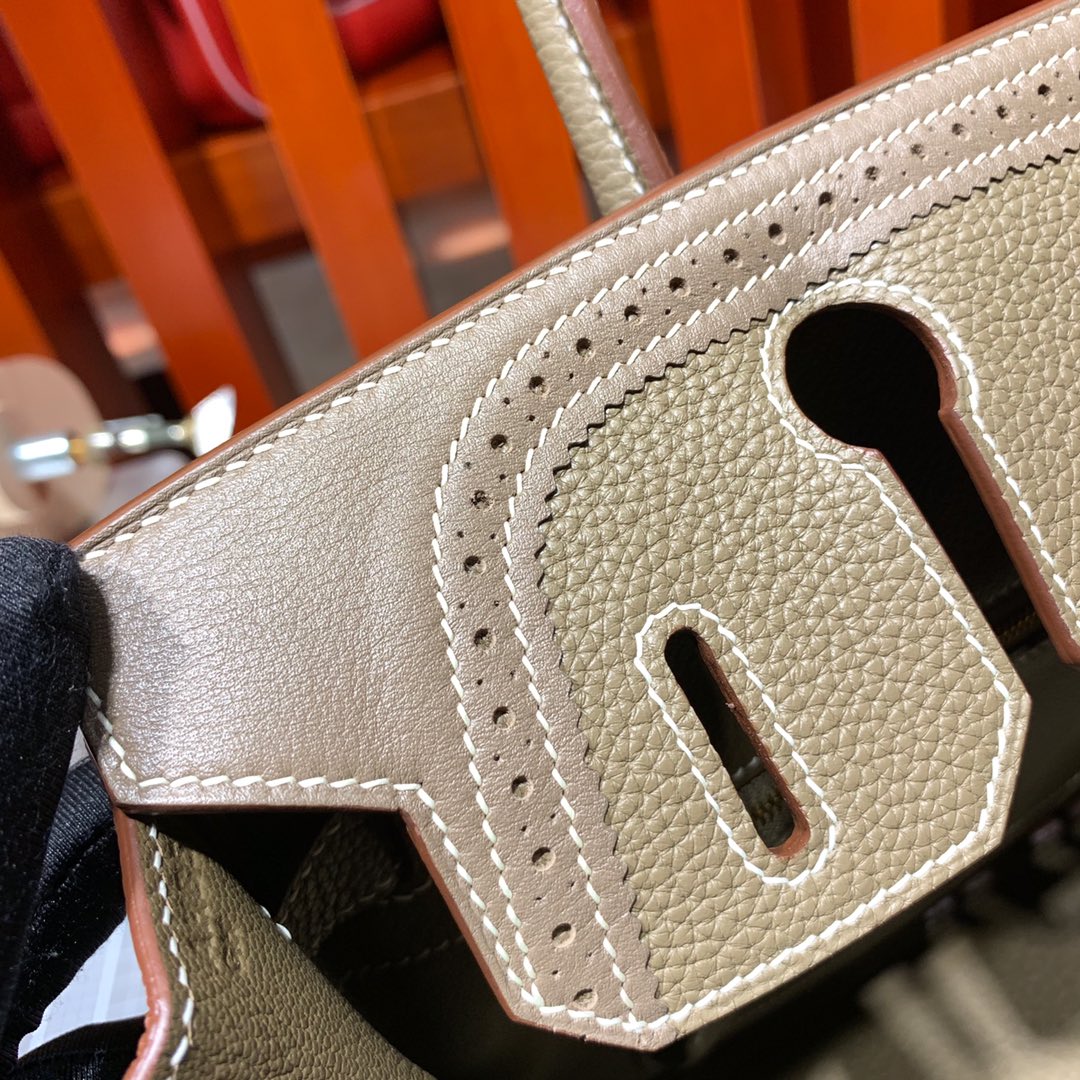 手工缝制 Hermes爱马仕限量款蕾丝铂金包Birkin30cm 大象灰Togo牛皮 金扣