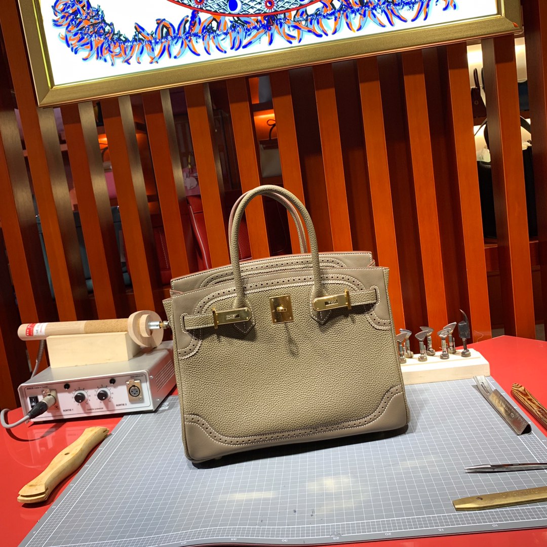 手工缝制 Hermes爱马仕限量款蕾丝铂金包Birkin30cm 大象灰Togo牛皮 金扣