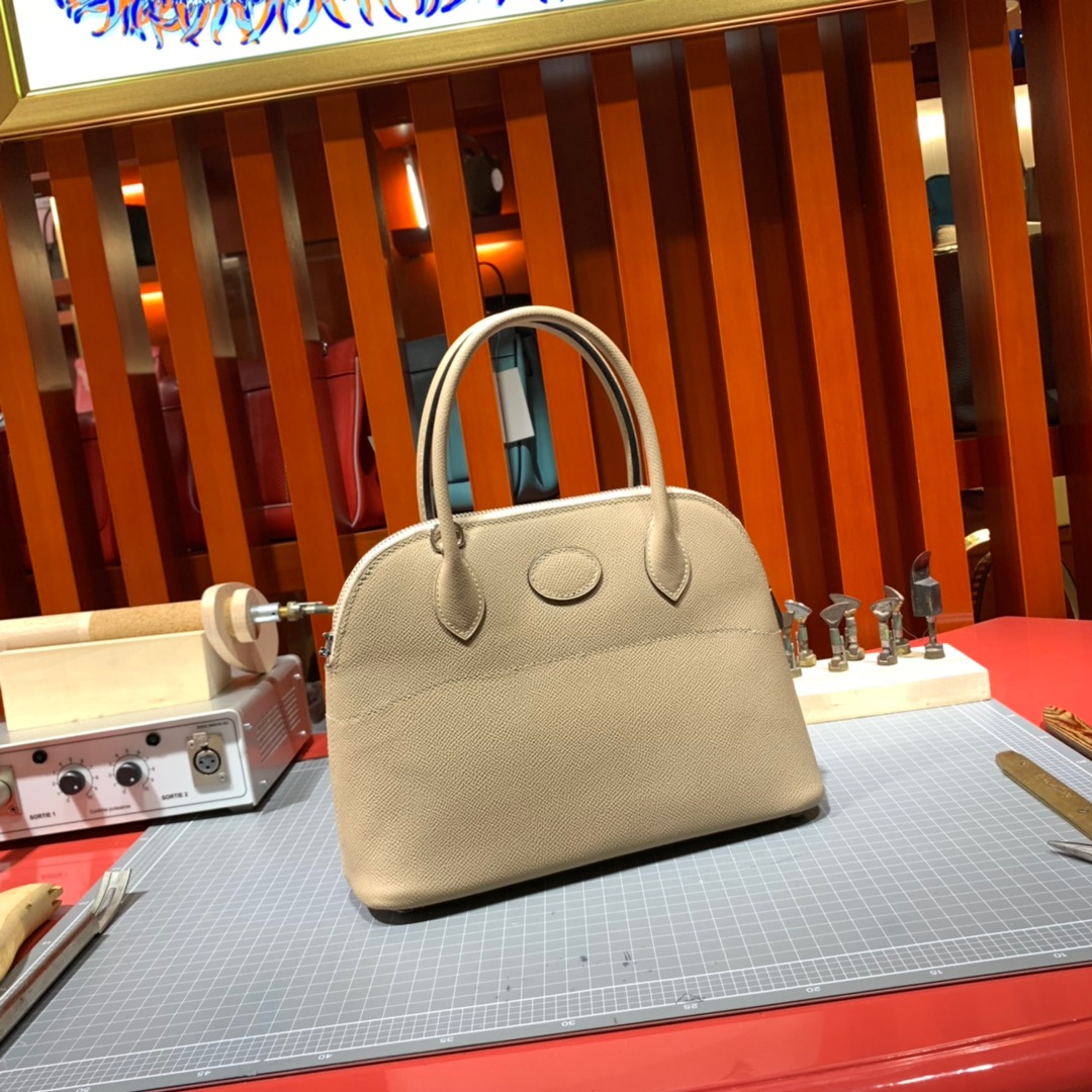 爱马仕保龄球包 Hermes进口Epsom牛皮Bolide女包27CM 风衣灰 银扣