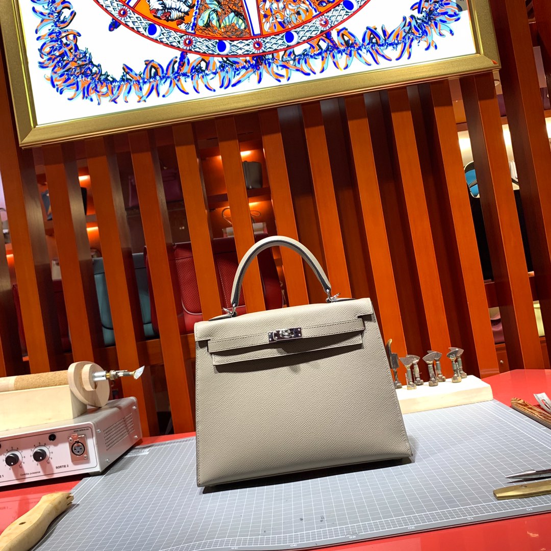 爱马仕经典女包 Hermes Kelly25CM 沥青灰进口十字纹牛皮凯莉包 银扣