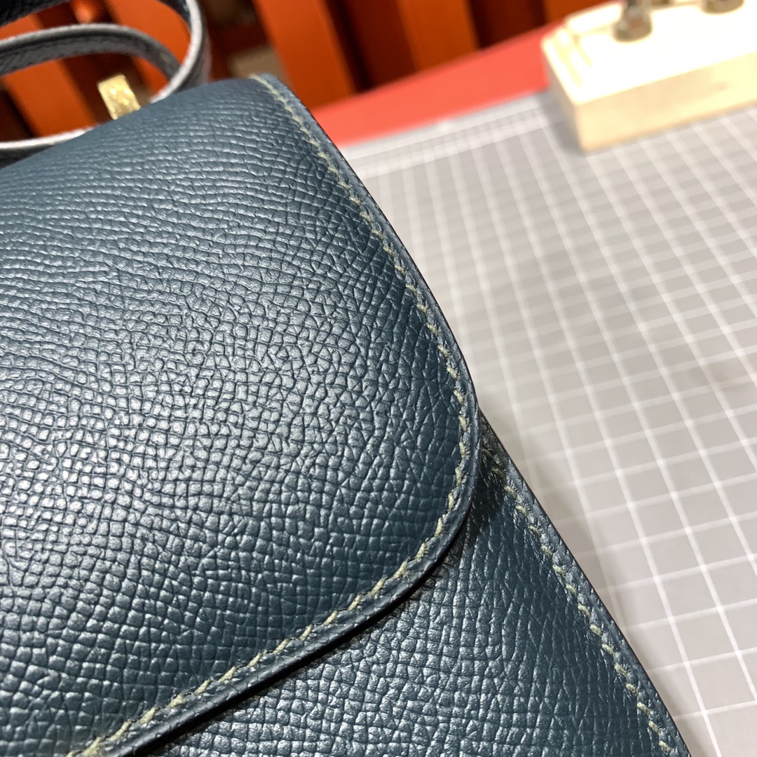 爱马仕康斯坦包 Hermes Constance19CM 6O松柏绿原厂掌纹牛皮空姐包 金扣