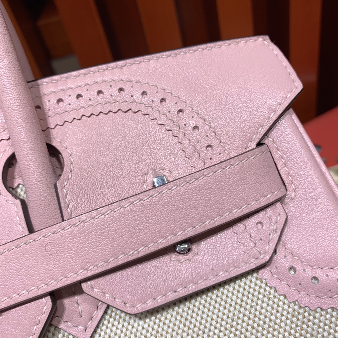 爱马仕铂金包价格 Hermes Birkin30CM 3Q粉色牛皮拼帆布蕾丝铂金包 银扣