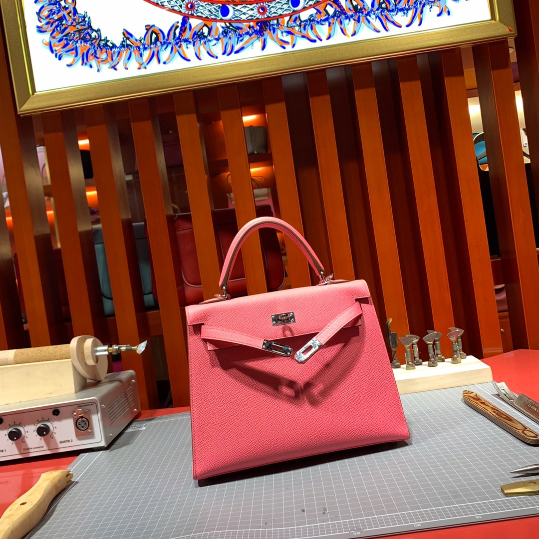 爱马仕女包定制 Hermes Kelly25CM 唇膏粉顶级Epsom牛皮凯莉包 银扣