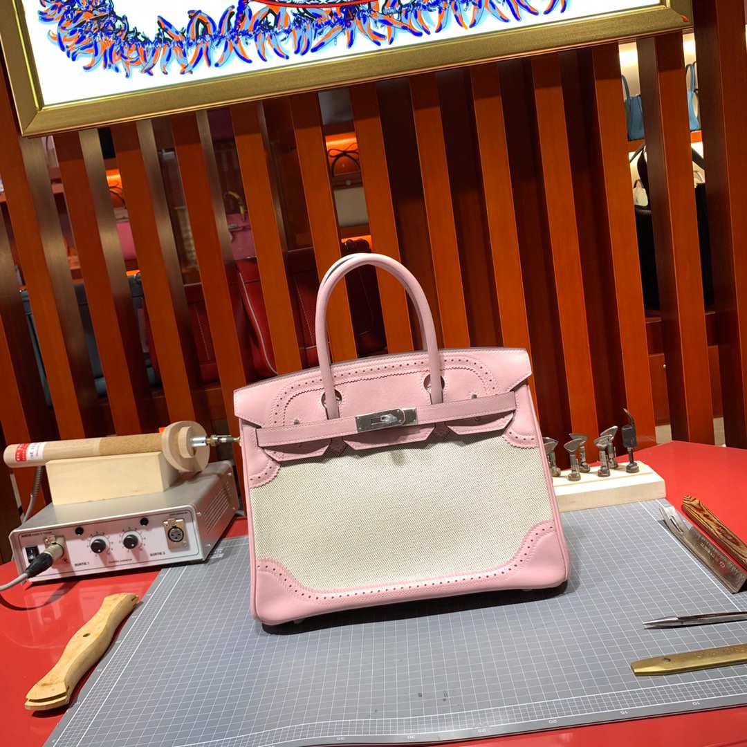 爱马仕铂金包价格 Hermes Birkin30CM 3Q粉色牛皮拼帆布蕾丝铂金包 银扣
