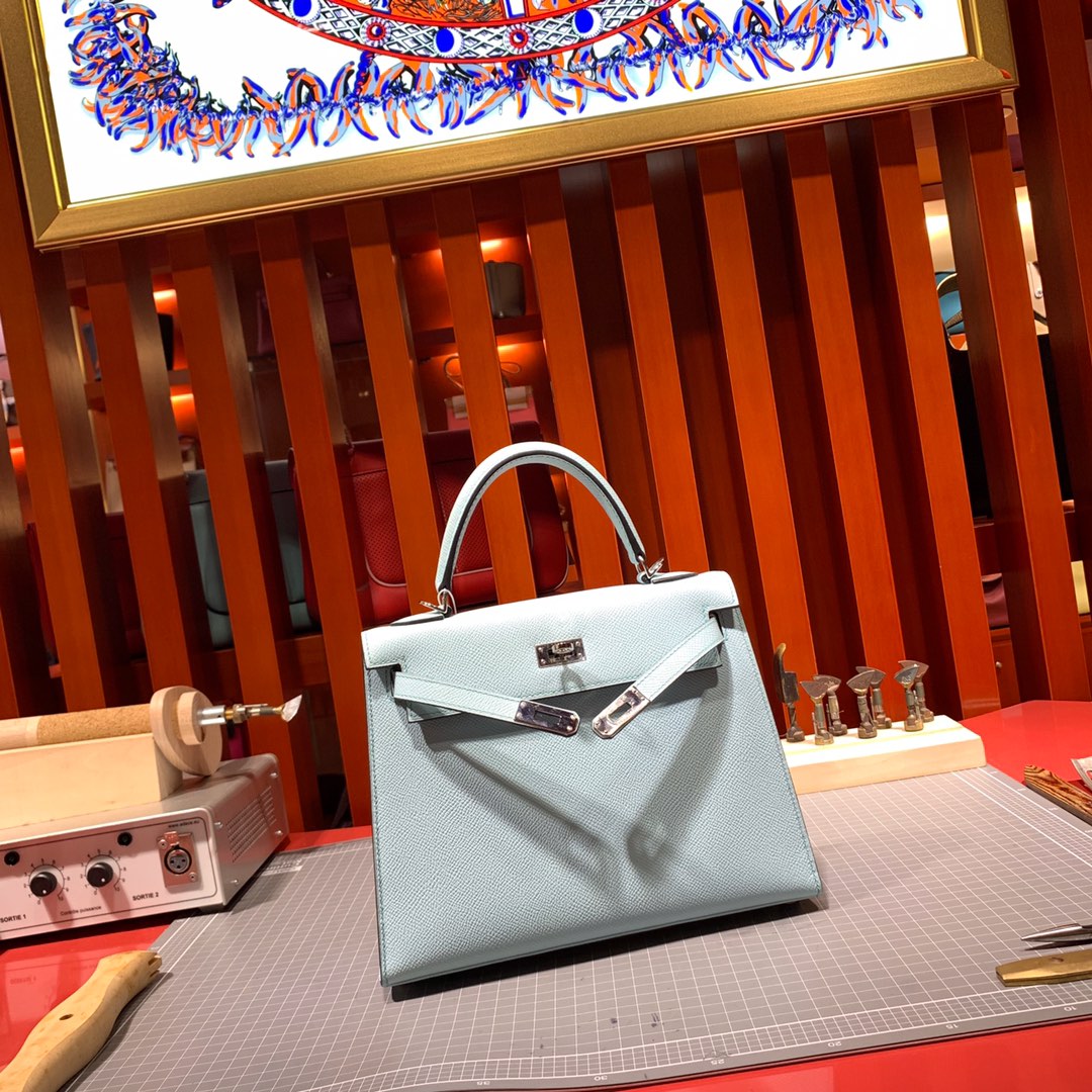 爱马仕凯莉包尺寸 Hermes Kelly25CM 马卡龙蓝进口手掌纹牛皮凯莉包 银扣