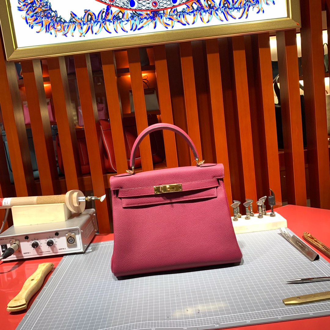 Hemes Kelly28CM 爱马仕B5宝石红顶级Togo牛皮纯手工缝制凯莉包 金扣