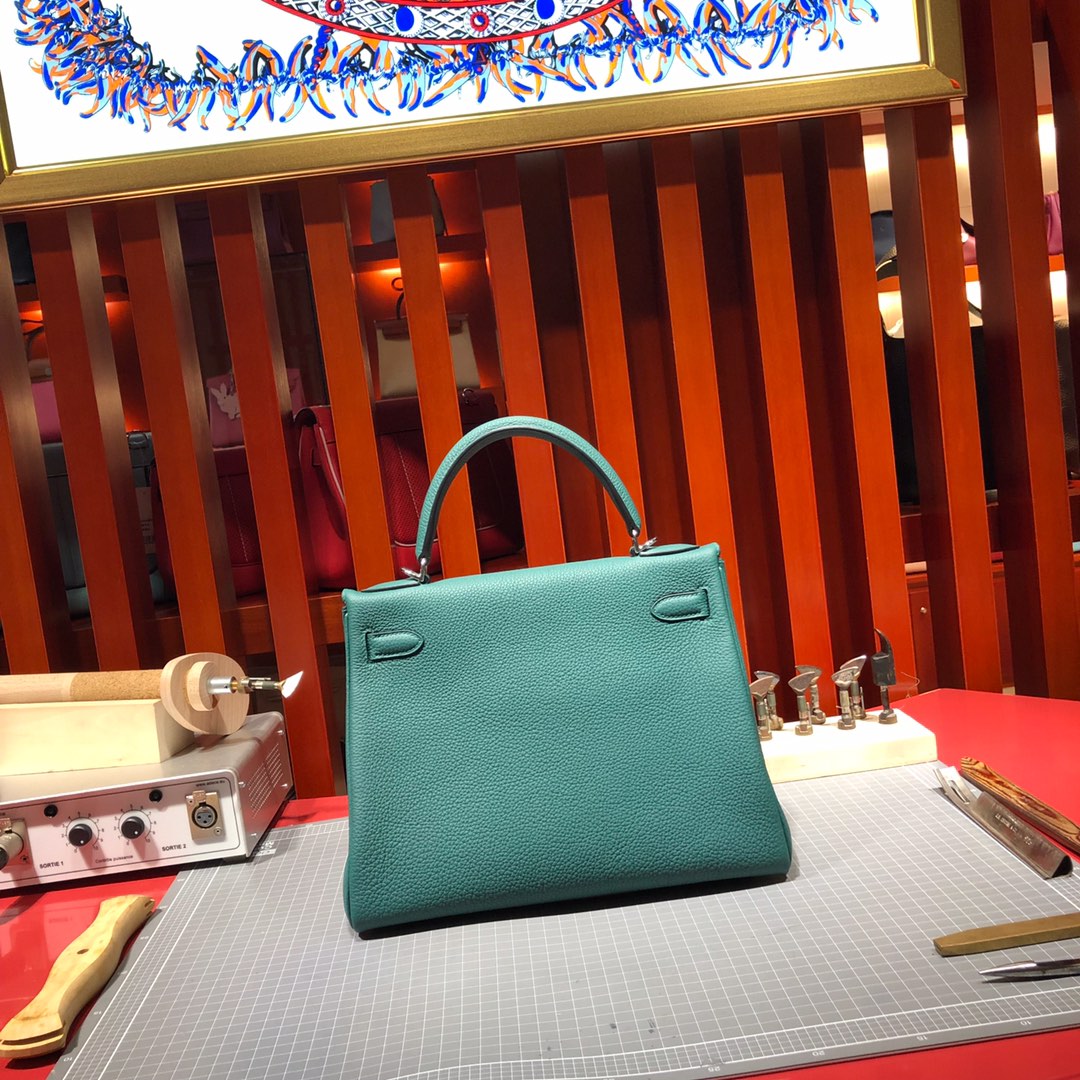 爱马仕经典女包 Hermes Kelly28CM 进口Togo牛皮孔雀绿凯莉包 银扣
