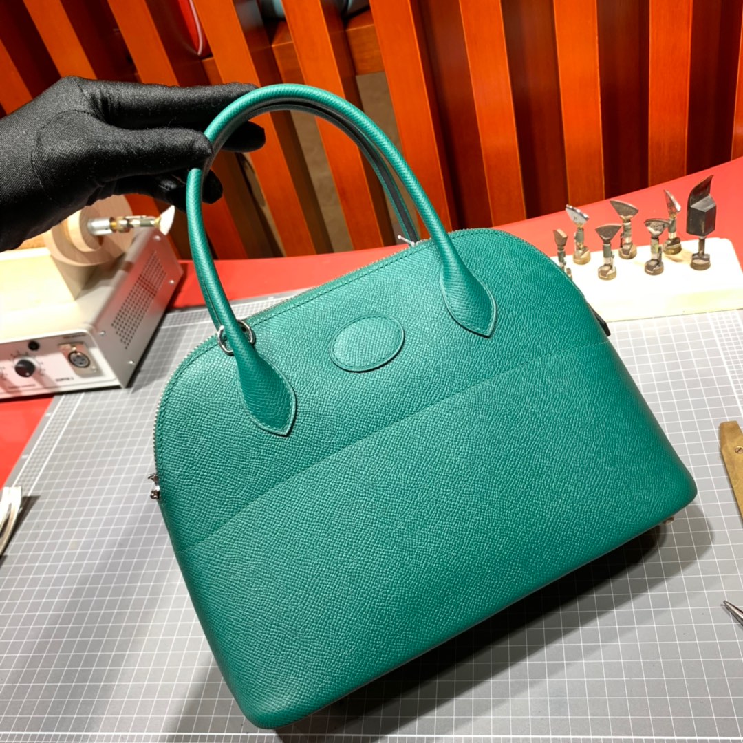 Hermes Bolide27CM 爱马仕孔雀绿进口掌纹牛皮保龄球包手提女包 银扣