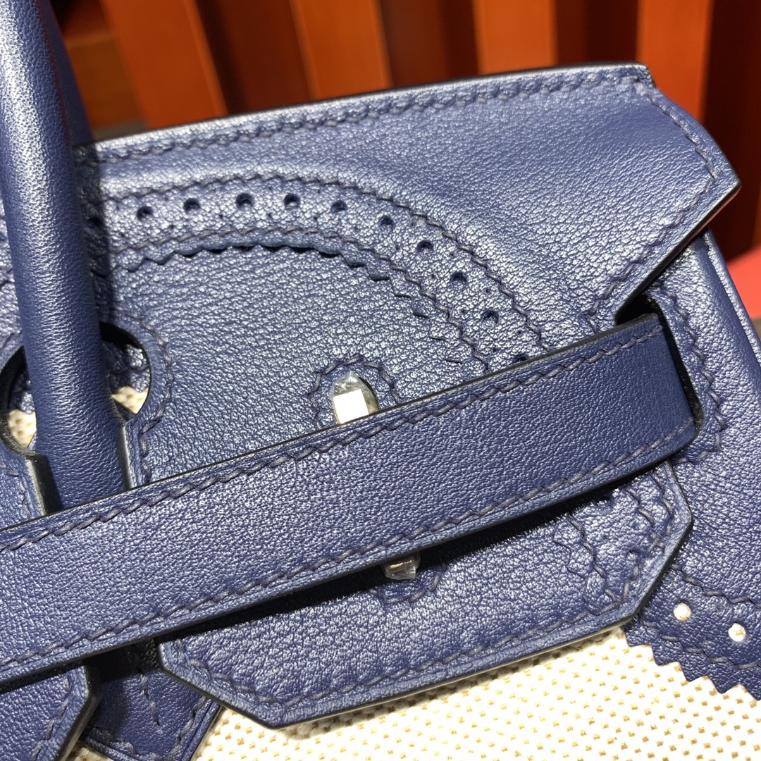 爱马仕拼色铂金包蕾丝款 Hermes Birkin30CM 宝石蓝Swit牛皮拼帆布 银扣