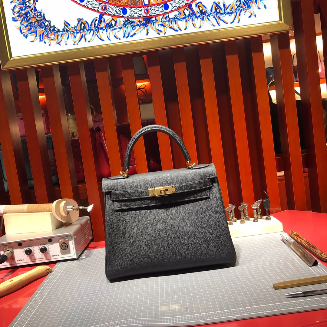 Hermes Kelly28CM 爱马仕89黑色Togo荔枝纹牛皮全手工缝制凯莉包 金扣