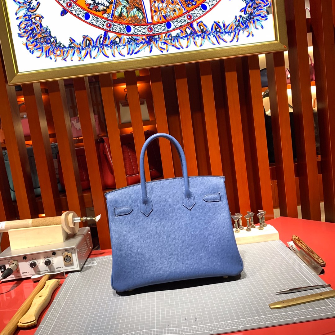 爱马仕铂金包尺寸 Hermes Birkin25CM R2玛瑙蓝顶级Epsom牛皮 银扣