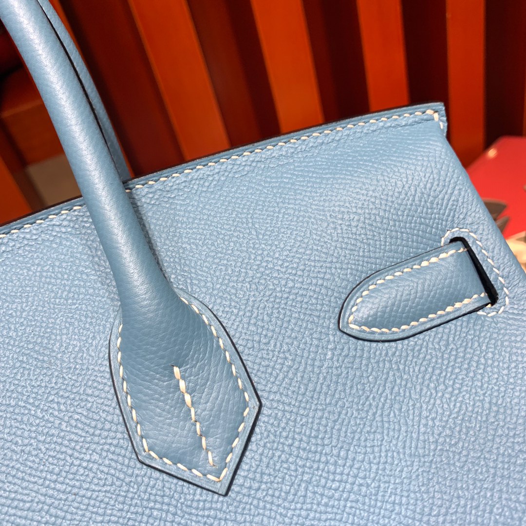 Hermes女包价格 爱马仕75牛仔蓝进口Epsom牛皮铂金包Birkin25CM 银扣