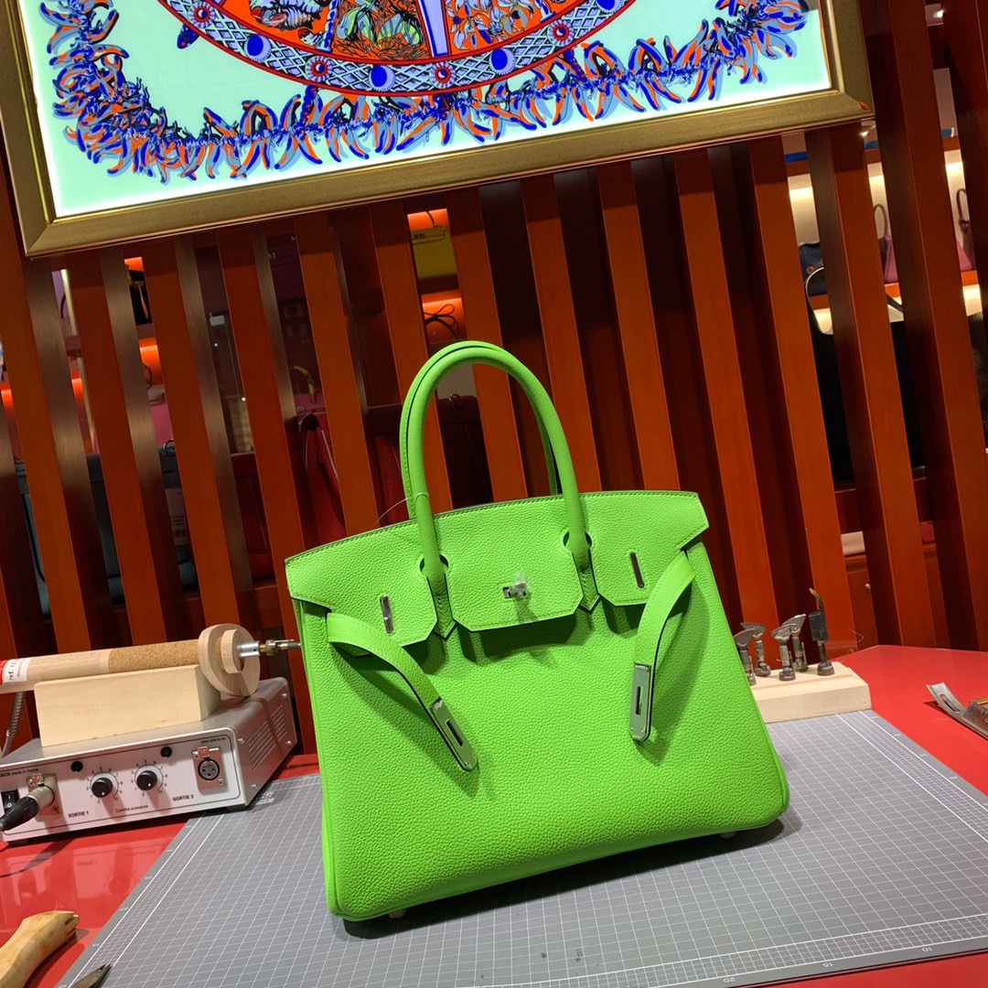 爱马仕Birkin包包 Hermes2019新色苹果绿进口Togo牛皮铂金包 银扣