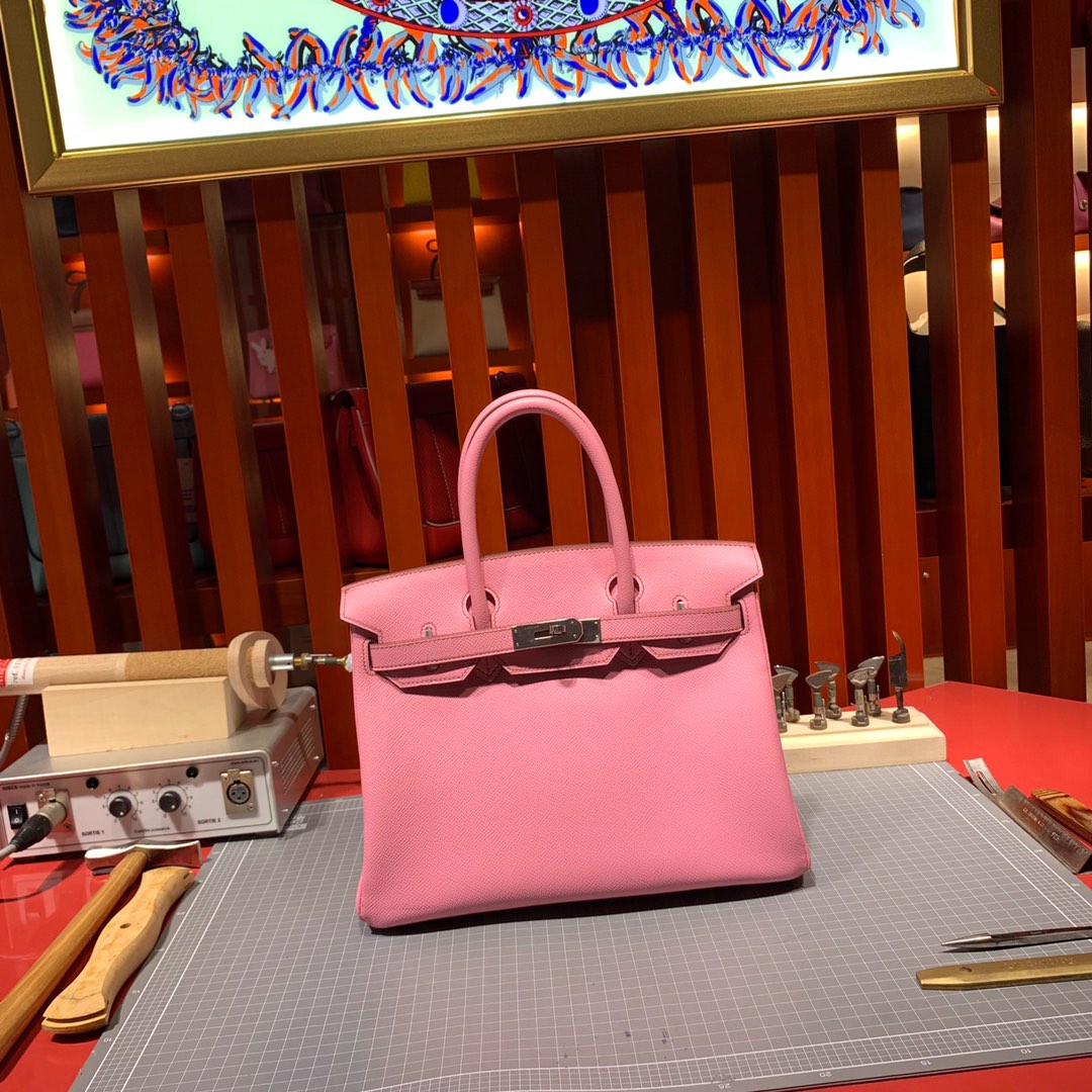 爱马仕铂金包价格 Hermes Birkin25CM 5P樱花粉Epsom牛皮 银扣