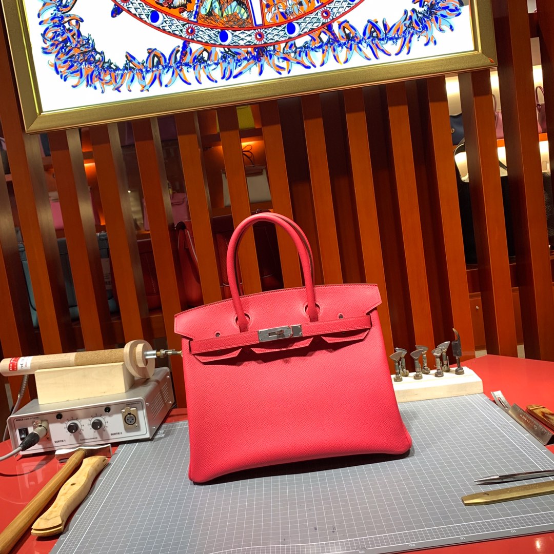 爱马仕铂金包尺寸 Hermes进口Epsom牛皮Birkin25CM Q5大红 银扣