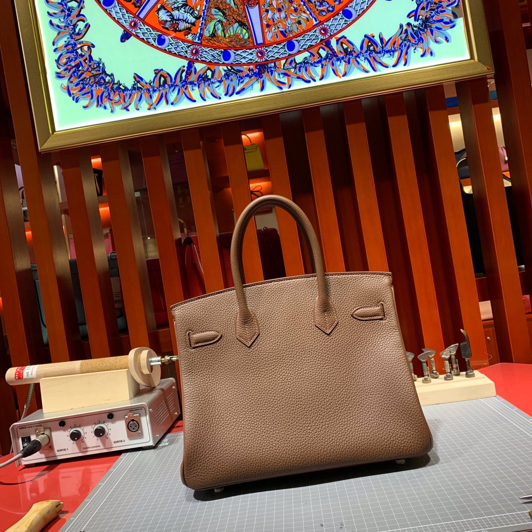 爱马仕铂金包价格 Hermes Birkin30CM 中啡进口Togo牛皮 金银扣