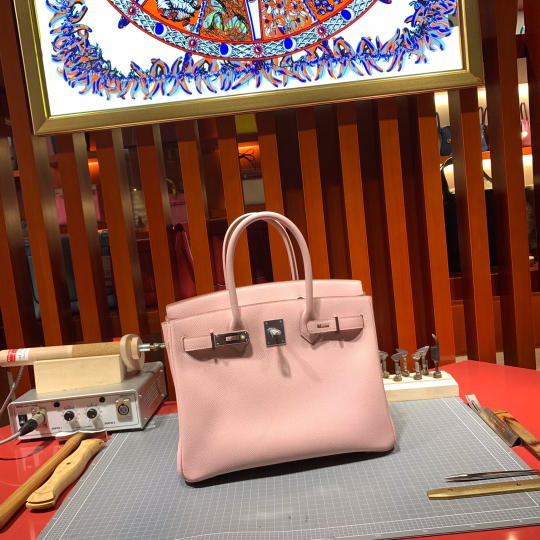 Hermes女包价格 爱马仕3Q芭比粉十字纹牛皮铂金包Birkin25CM 银扣