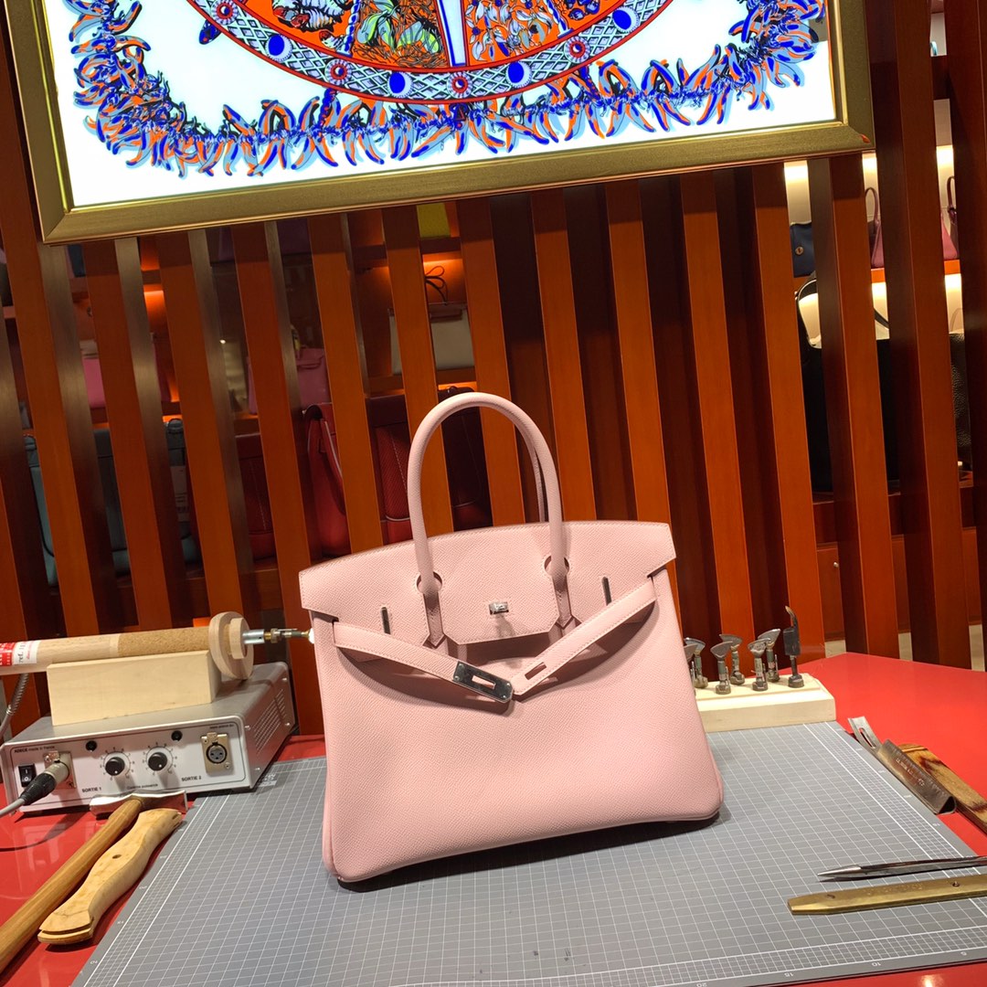 Hermes女包价格 爱马仕3Q芭比粉十字纹牛皮铂金包Birkin25CM 银扣