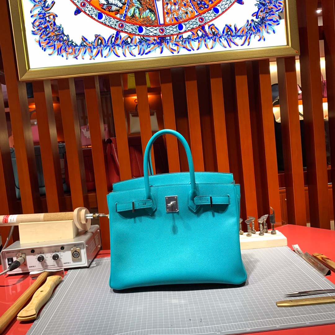 Hermes Birkin25CM 爱马仕7F孔雀蓝顶级手掌纹牛皮铂金包 银扣
