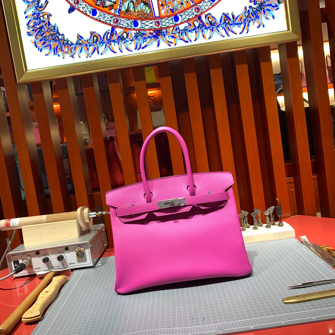 爱马仕包包定制 Hermes进口手掌纹牛皮Birkin25铂金包 9i玉兰粉 银扣