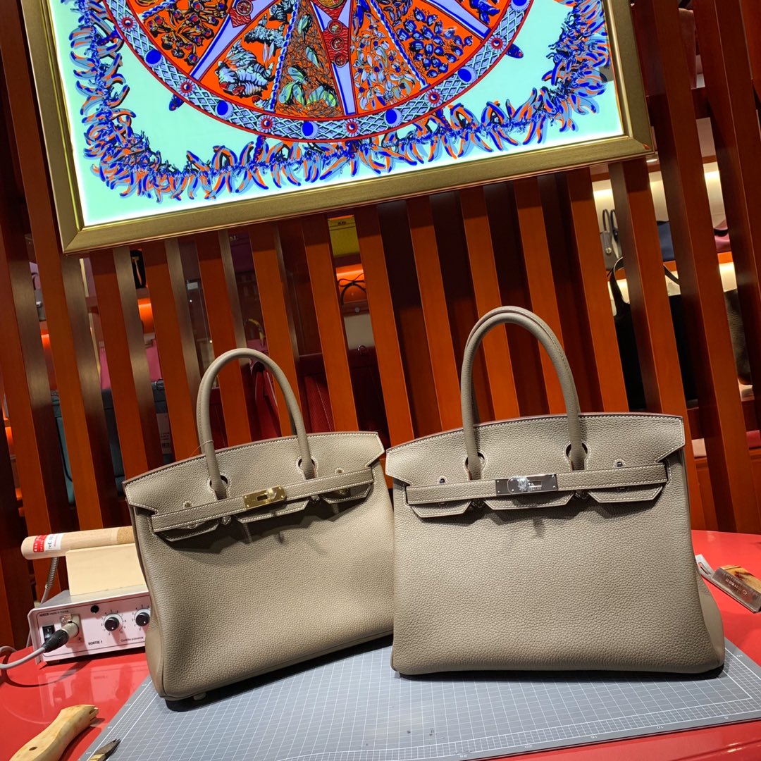Hermes Birkin30CM 爱马仕大象灰进口荔枝纹牛皮经典款铂金包 金银扣