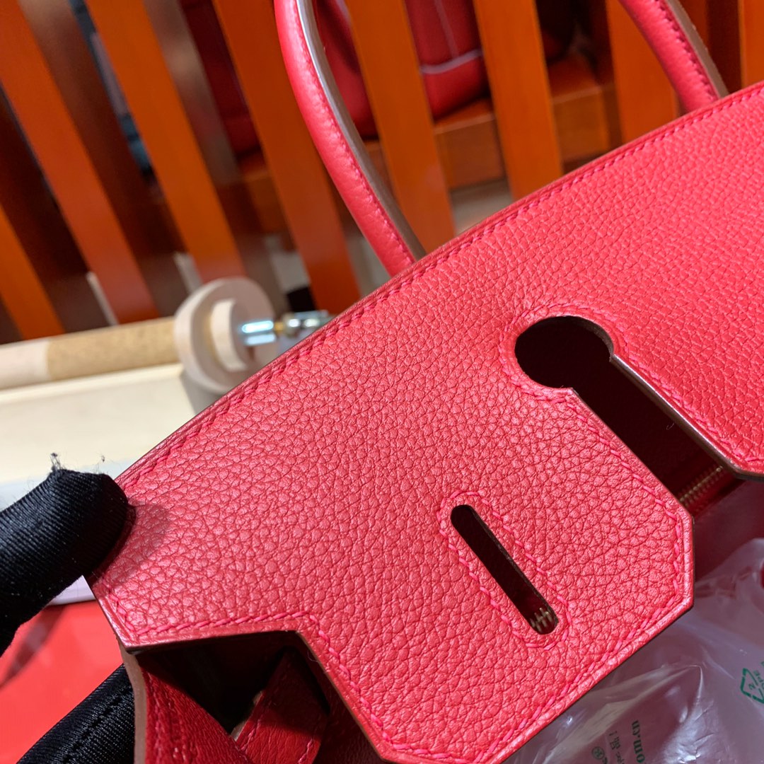 爱马仕包包官网 Hermes进口Togo牛皮Birkin30铂金包 中国红 金银扣