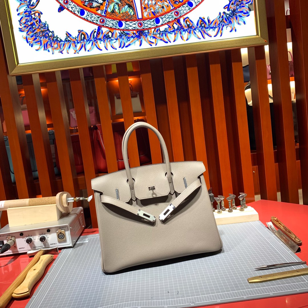 Hermes Birkin25CM 爱马仕M8沥青灰十字纹牛皮铂金包 银扣
