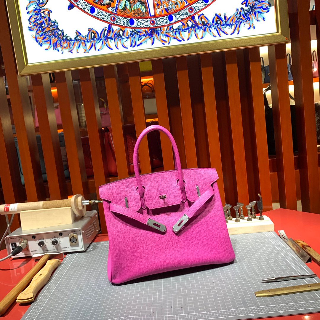 爱马仕包包定制 Hermes进口手掌纹牛皮Birkin25铂金包 9i玉兰粉 银扣
