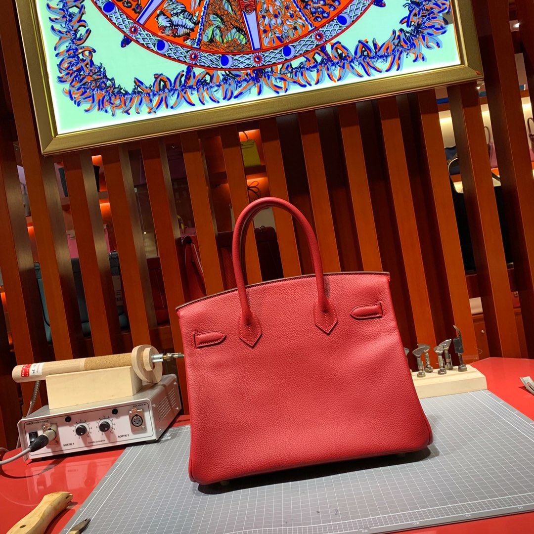 爱马仕包包官网 Hermes进口Togo牛皮Birkin30铂金包 中国红 金银扣