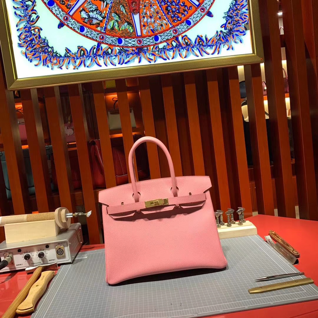爱马仕包包定制 Hermes进口手掌纹牛皮铂金包Birkin25CM 1Q奶昔粉 金扣