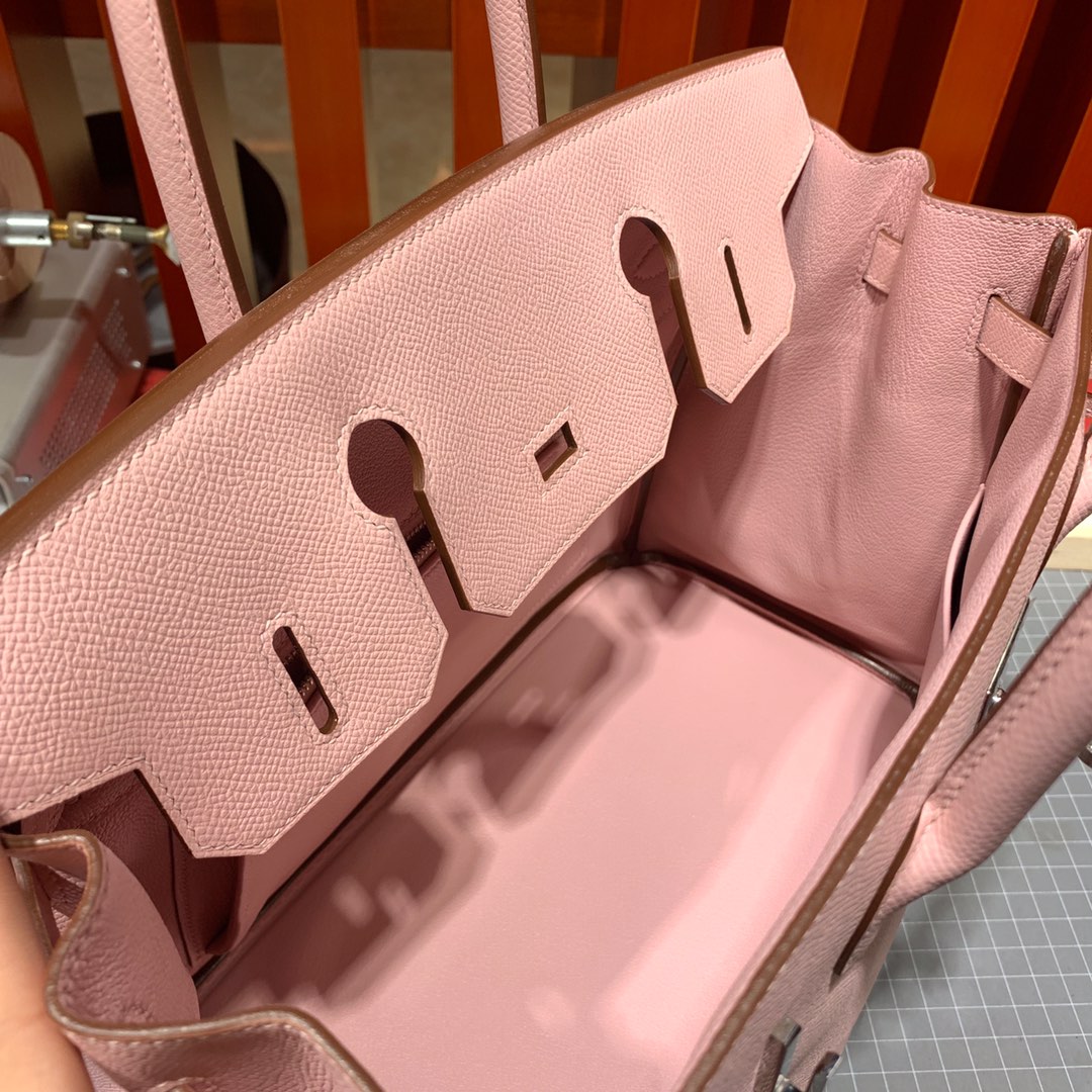 Hermes女包价格 爱马仕3Q芭比粉十字纹牛皮铂金包Birkin25CM 银扣