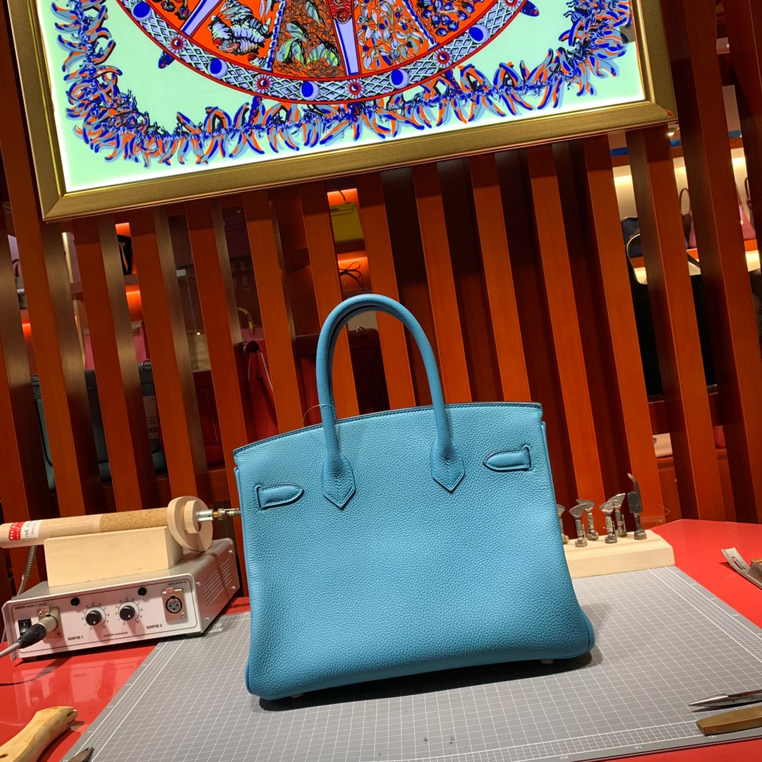 Hermes经典女包 爱马仕松石蓝进口荔枝纹牛皮铂金包Birkin30CM 金银扣